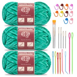 SUVSOON 3 * 100g Chenille Yarn, Velvet Yarn for Crocheting and Knitting with Needles Stitch Marker Handcrafts Weaving Soft Chenille Yarn for Blankets, Clothes, Pattern Knitting(Jade Green)