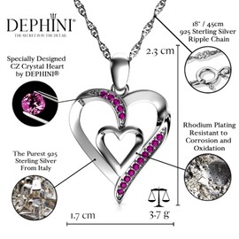 DEPHINI - Heart Necklace - 925 Sterling Silver - Double Love Heart Pendant - Pink CZ Crystals - Fine Jewellery Woman Necklace - 18" Rhodium Plated Silver Chain - A+ Cubic Zirconia - Gifts for Women