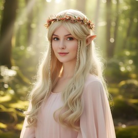 KorViSHOW Red Flower Crown Headband, Artificial Golden Green Leaf Floral Headpiece, Artificial Fairy Boho Flower Headband for Women Girls Wedding Festival Vacation Renaissance Party Photography Props