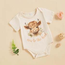 FIOMVA Western Baby Girl Clothes Summer Newborn Cowgirl Short Sleeve Romper Infant Highland Cow Bodysuit Toddler Outfit (A New To The Herd Apricot, 3-6 Months)