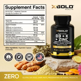 Vitamin D, K2, K1, Zinc, Quercetin, Elderberry, Turmeric, Ginger & Echinacea Whole Food Supplement 8 in 1- D3 5000 IU Plant-Based from Lichen, Vitamin K (K2 MK7, MK4, K1), D3 K2 Vitamins -120 Capsules