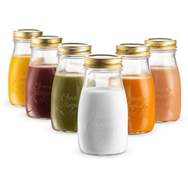Bormioli Rocco Quattro Stagioni, Set Of 6, Glass Canning Mason Jars And Drinking Bottles, 6.75 Oz. With Gold Metal Airtight Lids, Made In Italy.