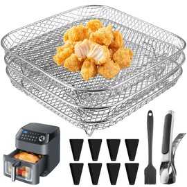 Luftfritteusen Regal, 3 Lagig Stapelbares Edelstahl Quadrat Air Fryer Racks Heißluftfritteuse Zubehör mit 8 Silikonfüßen 1 Pinzette und 1 Bürste für die meisten 5,5 bis 8 L Heißluftfritteusen