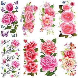 Yesallwas Tattoo Stickers, Rose Blue, Blue, Flowers, Set of 8, Purple, Rose, Fashionable, Waterproof, Long Lasting, Tattoo Stickers, Arms, Legs, Chests, Women, Women's, Tattoo Stickers, Body Seal, Blue Rose tattoos Stickers, 9x19cm (Pink)