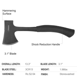 Hitdudu Camping Hatchet, Full Tang Camping Axe Splitting Axe for Wood Splitting and Kindling, Forged Carbon Steel Heat Treated Hand Maul Tool, Shock Reduction Handle with Anti-Slip Grip