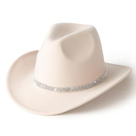 Lisianthus Women's Western Cowboy Hat Glitter Rhinestone Wide Brim Cowgirl Hat Diamond & Bead Beige