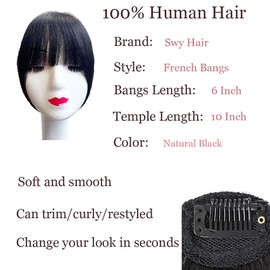 Bangs Hair Clip in Bangs 100% Real Human Hair Extensions Wispy Bangs Clip on Air Bangs for Women Hairpieces Curved Bangs for Daily Wear (Z-Natural Black, French Bangs)