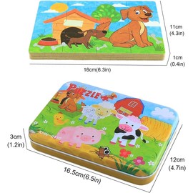 JMANNI Puzzles for 3 4 5 6 Year Olds, 4-in-1 Animal Theme Jigsaw Puzzles with Iron Box for Storage, Animal Toys Gifts for Boys, Girls, Kids and Children (Dog,Sheep,Pig,Cow Puzzles)