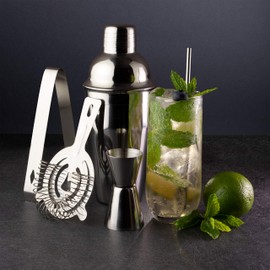 5-Piece Cocktail Mixing Set - Kit Includes Stainless Steel Shaker (Cobbler Style), Strainer, Double Spirit Measure, Ice Tongs & Metal Straw with Stirrer. For Professional Bartending and Home Mixology.