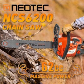NEOTEC 62CC 2Stroke Gasoline Chainsaw 20" Bar Powered Engine Wood Cutting Gas Chain Saw