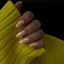 SXVME Aurora Press on Nails - Beige Chrome, Medium Almond, 24PCS Mirror Effect Gel Stiletto