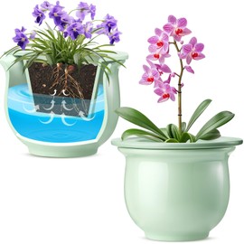 Suclain 2 Pack Ceramic African Violet Pots Self Watering Plant Pot Effortless Self Watering Plant Flower for Busy Lovers, Indoor(Green,6.5 Inch)