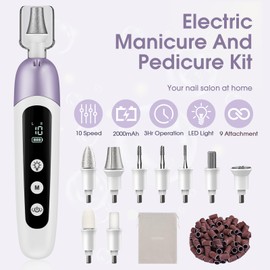 Professional Manicure Pedicure Kit with Case, Cordless Electric Nail File Set with Memory Mode&10 Speed, Portable Nail Drill Pedicure Tools for feet, Hand Foot Care Tool for Thick Nail Toenail Cuticle