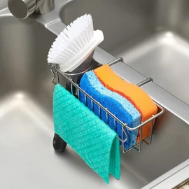 Kitchen Sponge Holder Stainless Steel Hanging Sink Caddy 3 in 1 Sponge Holder for Kitchen Sink, Space Saving Kitchen Sink Organiser with Dish Cloth Hanger