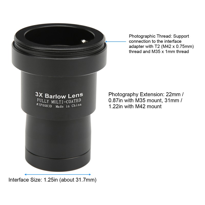 3X Magnification Lens 1.25inch Eyepiece Lens with T2 Photography Thread