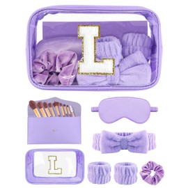 Gift Sets for Women, Initial Makeup Bag with Makeup Brush Set Bachelorette Party Favors, Purple Spa Kit with Skincare Headbands Wrist Bands Sleepover Party Supplies Gifts for Teen Girls Bridesmaid L