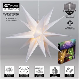 Wintergreen Lighting 30" White Moravian Star Fold-Flat Christmas Star Lights Reusable LED Plug-in or Battery Indoor-Outdoor 3D Hanging Decoration
