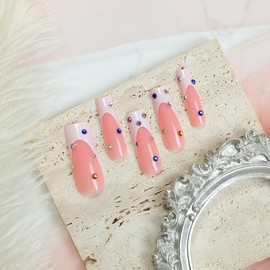 24 Pcs Press On Nails Long Square Nail Tips,YEFIUO Fake Nails Press ons White French Glue on Nails Acrylic Nail Art Kit Full Cover False Nails with Colorful Rhinestones Charms Glitter Design Women