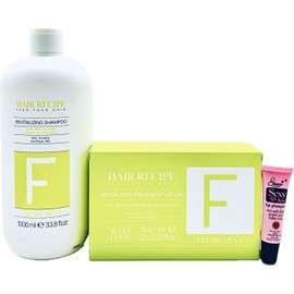 Maxy Look Fresh Mint Revitalizing Shampoo 1000ml/33.8 fl oz and Treatment lotion 12 x 7ml for Fine, Brittle Hair Prone to Hair Loss (Compared to Maxima Reinforce Vigor) Free Starry Lip Gloss 10ml