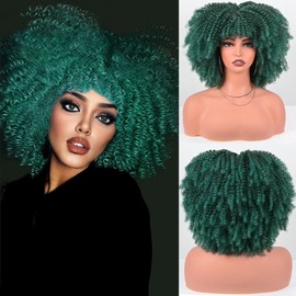 Vitorish Kinky Curly Wig with Bangs 12 Inches about 280g/Piece Full Machine Made Scalp Top Wig Afro Kinky Curly Synthetic Hair Cosplay Wig (Dark Green)