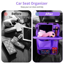 LUCMO Car Backseat Organizer with Tablet Holder-2 Pack,6 Storage Pockets Car Storage Organizer with Foldable Food Tray,Car Seat Back Protectors Kick Mats Travel Accessories-Dark Purple
