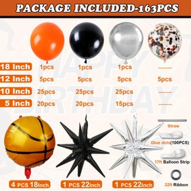 Basketball Balloons Arch Garland Kit,163Pcs Orange Black Metallic Silver Confetti Balloons with Basketball and Star Foil Balloons for Boy Sports Theme Teenagers Birthday Party decoration