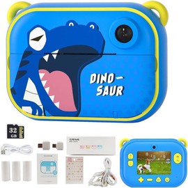 Camera Instant Print Camera Christmas Birthday Gifts for   Blue Dinosaur Camera Print Photo Camera with 3 Rolls Paper and 32GB TF Card - Color: Pink with12 rolls print paper
