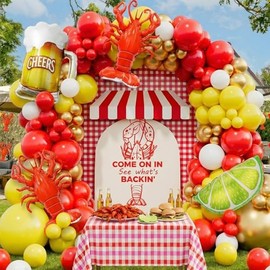 Crawfish Boil Party Supplies, 150pcs Crawfish Balloon Arch Garland Kit with Red Yellow Gold Latex Balloons, Crawfish Beer Lemo Foil Balloons for Crawfish Boil Birthday Party Decoration