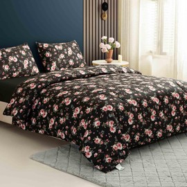 KimLuxz Black Pink Floral Queen Size Duvet Cover, 3pc Aesthetic Flowers Patterned Reversible Quilt Cover Set, 1 Farmhouse Plants Printed Duvet Cover with Zipper and 2 Pillowcases for Women
