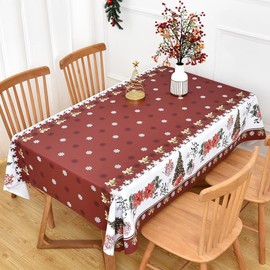 Yofori Christmas Table Cloth Rectangle Heavy Duty Vinyl Red Christmas Tablecloth Plastic Reusable Santa Tablecloth Wpieable Waterproof PVC Xmas Table Cover for Dining Party New Year(Red, 54"x84")