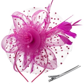GHGMAO Fascinators Hats for Women Tea Party Hat Derby Fascinators Headband Mesh Flower Feathers Hair Clip for Wedding Cocktail (Fushia)