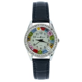 GlassOfVenice Murano Glass Watch Millefiori and Crystals with Leather Band - Black