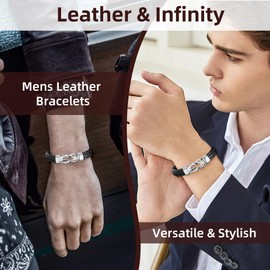 Aospkle Mens Gift Leather Infinity Bracelet, Braided Black Leather Bracelet Stainless Steel Engraved with Love You Forever Jewelry Gifts for Boyfriend 8 Inches