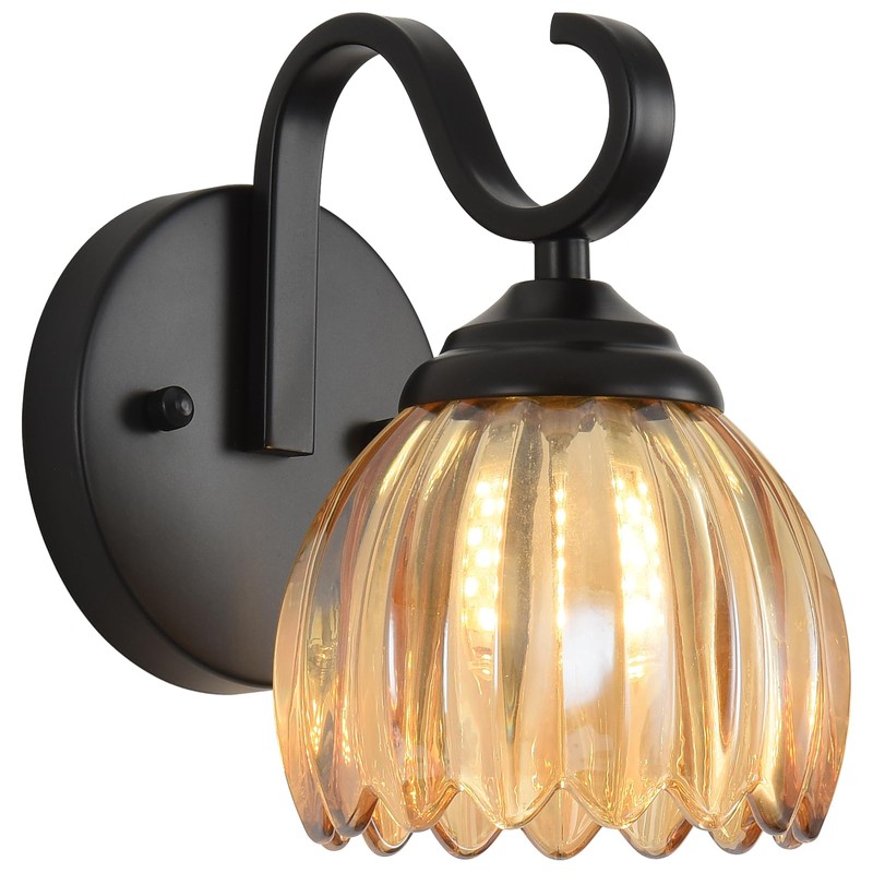 lobolighting Vintage Wall Sconce with Amber Tulip Glass Lampshade Black