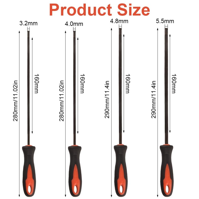 Pack of 4 File for Chainsaw, 3.2 mm/4.0 mm/4.8 mm/5.5