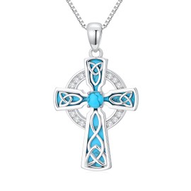Lab Grown Diamond Celtic Cross Irish Knot Necklace for Women,18K Gold Plated 925 Sterling Silver Created Turquoise Trinity Knot Celtic Pendant Necklaces Mother Day Birthday Gifts for Mom Wife (Style-1)