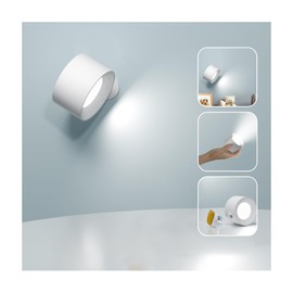Feallive LED Wandleuchte Innen, Wandlampe mit Akku 1 Stück,Touch Control 3 Helligkeitsstufen, 360° drehbare, für Wohnzimmer Schlafzimmer TreppenhausFlur kabellose wandleuchten Weiß
