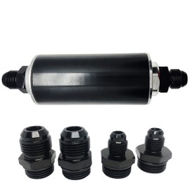 Inline Fuel Filter 100 Micron Cleanable 6AN 8AN 10AN Universal Billet Aluminium 50mm Fuel/Gas/Petrol Filters AN Male Flare Union Inlet Outlet Black