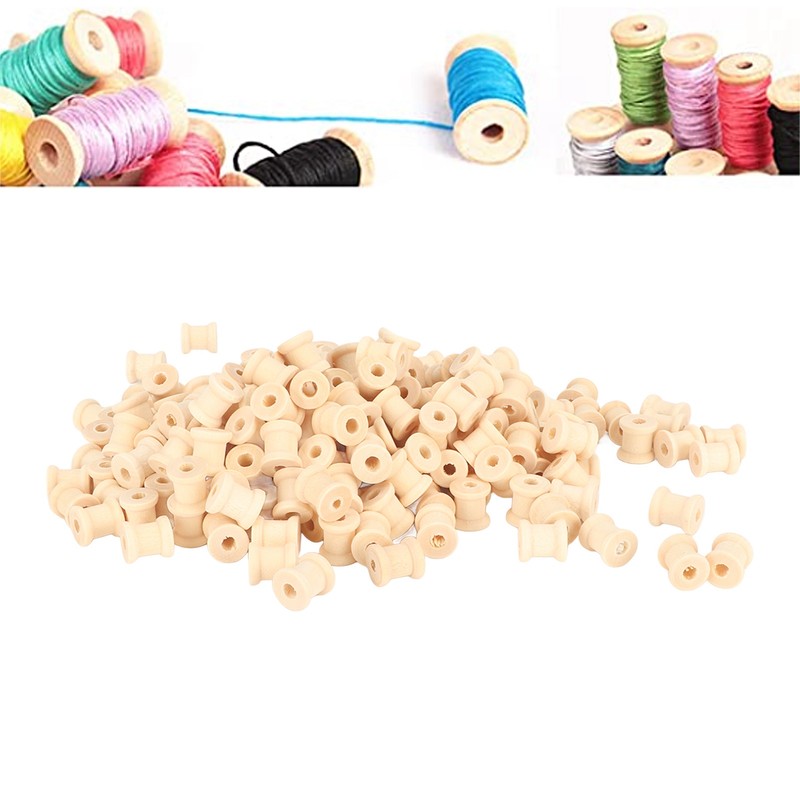 200Pcs Wooden Spools 0.55in 0.51in Unfinished Polished Wood Smoothing Wooden