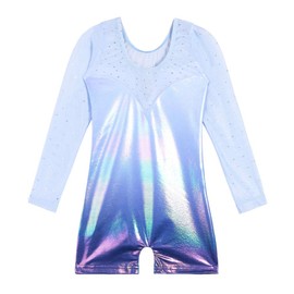 BAOHULU Maillot de gimnasia para niñas, diseño de rayas brillantes, una pieza, Manga Lentejuelas Azul, 8-9 Años