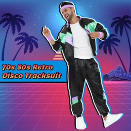 AUTOWT 70s 80s Shell Suit, Men Women Lightweight Long Sleeve Tracksuit, Retro Color Block Hip Hop Windbreaker Disco Costume for Rock Festivals Carnival Parties Mardi Gras Black