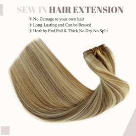 Highlight Weft Hair Extensions Real Human Hair Balayage Sew in Weft Hair Extensions 14 Inch 80g Dark Brown to Light Brown Ombre with Blonde Ombre Blonde Sew in Real Hair Bundles Add Length and Volume