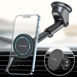 PTz Worlds 2-in-1 Magnetic Car Mount - Phone Holder for Truck, Windshield Dashboard Carmount, Cradle Glass Mount Phone Holders, Magic Magnet Stand for All Phones, 360 Adjustable, Suction Cup Base