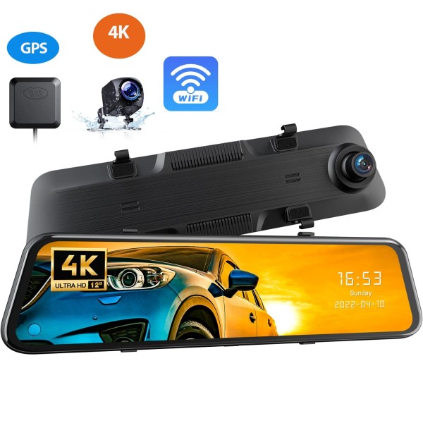 TOGUARD 12" GPS WiFi Mirror 4K Dash Cam Front Rear
