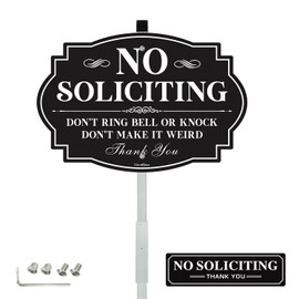 No Soliciting Sign for House Yard with 28" Metal Stakes, 12"x 8" Heavy Duty Aluminum Sign,Fade Resistant/Waterproof, Including Screws, Easy to Install, Outdoor Use (White)