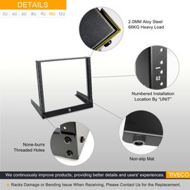 RIVECO 10U Desktop Rack for Audio & Network Devices 19 Inch 2 Post Open Frame Shelf with Reinforced Beam, Free Standing Racks for IT Server Sound AV Music Recording Equipment