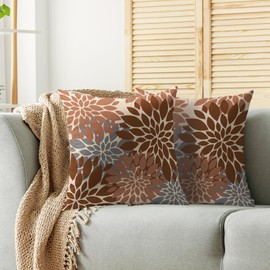 Smozenith Brown Grey Gray Pillow Covers 18X18 Inch Set of 2, Spring Modern Geometry Dahlia Floral Print Decorative Throw Pillow Covers Outdoor Farmhouse Cushion Case for Couch Sofa Bed Decor