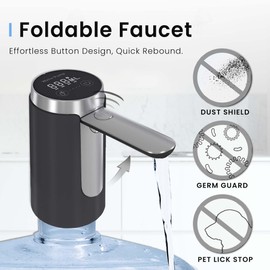 KIARYUOLL Water Dispenser for 5 Gallon Bottle, Rechargeable Water Pump - Foldable Water Spout for 5 Gallon Bottle, Long-Lasting,Smart LED Display, Portable Water Dispenser for Home & Outdoor (Black)