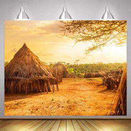 EMTOBT 10x10ft Village House Backdrop Africa Grassland View Green Trees Sunset Scenery Background for Kids Birthday Decor Holiday Travel Banner Newborn Baby Shower Props BJHJEM0054