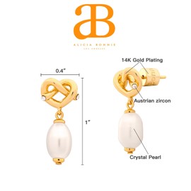 Alicia Bonnie Gold Love Knot Pearl Drop Earrings - Entwined Heart Pretzel Design, Brass, white crystal pearl